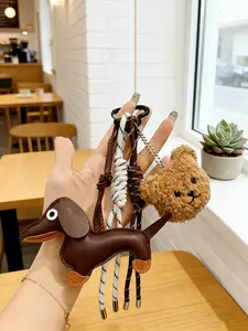Dachshund Plush Teddy Bear Bag Charm, Purse Charm, Realistic 3d Leather Dog & Teddy Bear Head Combination Charm Korean Style Retro And Cute Bag Charm Keychain For Bags, Keys Gifts For Friends & Couples Charm