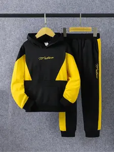 Boys Color Block Long Pants Set with Hooded Design, Casual Spring & Fall Sportswear for Big Kids, Trendy Style Clothing