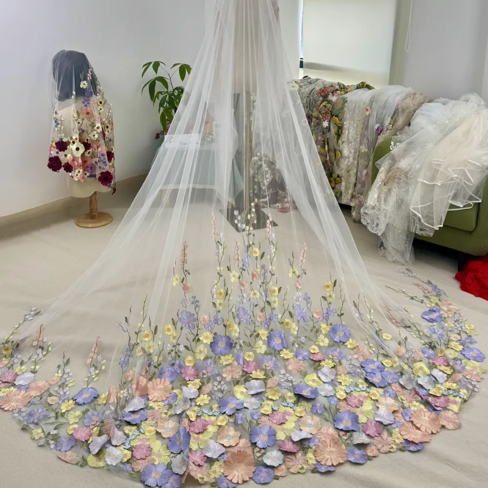 Colorful flowers wedding veil, Single tier floral lace bridal veil, Vintage cathedral veil, Gorgeous purple flowers veil, Orange floral fairy bridal veil fairy bridal  v