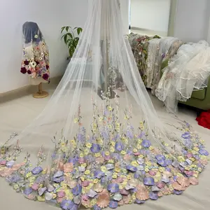 Colorful flowers wedding veil, Single tier floral lace bridal veil, Vintage cathedral veil, Gorgeous purple flowers veil, Orange floral fairy bridal veil fairy bridal  v