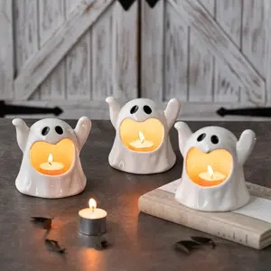 1-piece Ceramic Halloween Candle Holder - Ghost Design, No Battery Required, Table Decoration