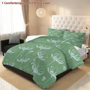 3-piece bedding set with matcha green lines depicting flowers, 200gcm quilted filling, including 1 blanket and 2 pillowcases (excluding pillow core) suitable for bedroom and dormitory exclusive decoration for teenagers and adults