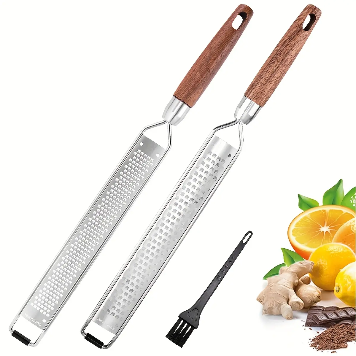 Cheese Grater Lemon Zester Set of 2, Vegetable Fruit Utensils, Kitchen Gadgets, Kitchen Cheese Grater & Vegetable Grater with Cleaning Brush, Cheese Shredder & Stainless Steel Grater with Wooden Handle for Parmesan Cheese Lemon, Vegetables, Utensils