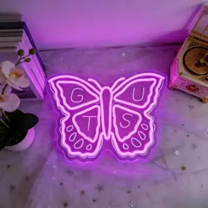 Butterfly GUTS Neon Sign, Butterfly Decoration, USB Powered Dimmable Pink Purple LED Neon Light, Butterfly Wall Decor for Bedroom Salon Girly Room Garden Patio Backyard, Christmas Birthday Gift for Her K-pop Fans