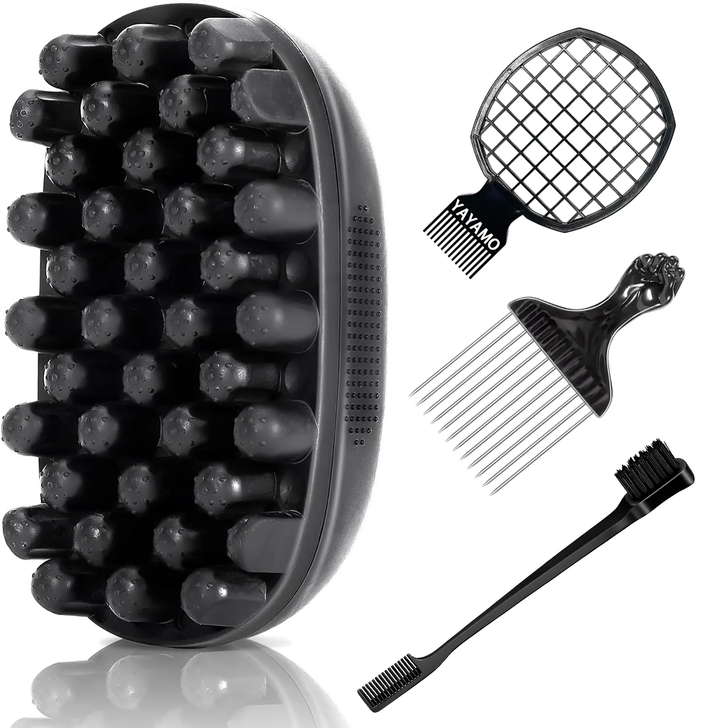 Professional 4-in-1 Grooming Kit for Black Hair, Upgraded Silicone Twist Brush with Stainless Steel Fist Pick, Mesh Comb & Dual-Ended Edge Brush for Coils and Twists