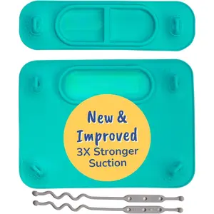 Silicone Mat Bundle - 1 Original Mat Plus 1 Mini Mat, New Stronger Suction Cups, 6 Straps to Secure Baby Essentials and Keep Off The Floor, Baby Led Weaning, Wet Bag Included (Spearmint)