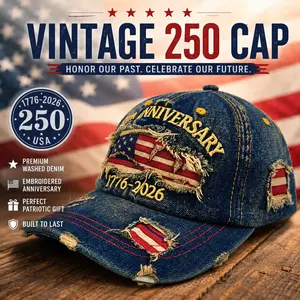 Vintage 250th Anniversary Distressed Denim Baseball Cap, Patriotic Washed Denim Hat with American Flag Inserts, 1776-2026 Adjustable Cap