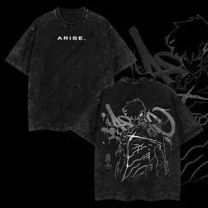 valentine shirts Arise Sung Jin Woo - Solo Leveling Anime Double Printed Oversize Lightweight Acid Washed Graphic Tee, Gift For Anime Fan