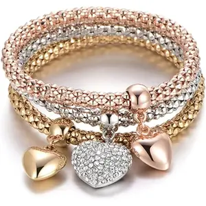 Crystal Charms Multilayer Bracelets - 3PCS Gold/Silver/Rose Gold Corn Chain Bracelet for Women, Tree of Life Heart Shaped Stretch Bracelet