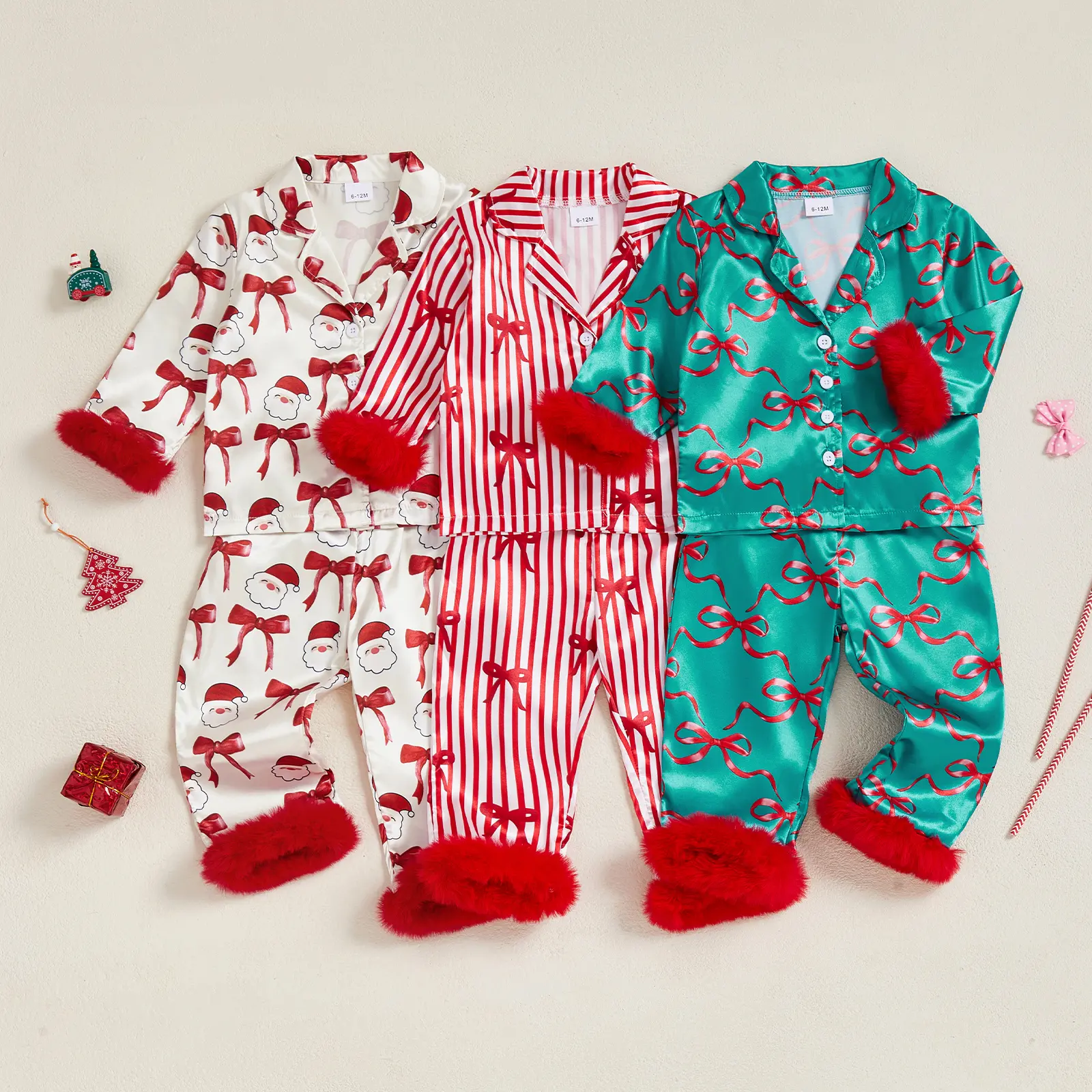 Kids Girls Christmas Pajamas Set Button Down Bow Print Long Sleeve Tops Pants Satin Pjs Sleepwear Lounge Set