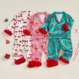 Kids Girls Christmas Pajamas Set Button Down Bow Print Long Sleeve Tops Pants Satin Pjs Sleepwear Lounge Set