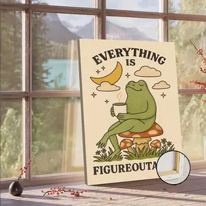 1pc Greg Frog "Everything Out" Wall Art - Retro Motivational Frog with Wood Frame & Wrapped Canvas, Positive Affirmation Art Suitable for Living Room, Office, Room Decor - Installation