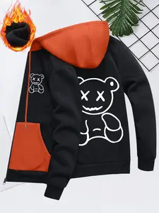 Men's Autumn & Winter Fleece-Lined Regular Fit Long Sleeve Hoodie with Personalized Bear Print Pocket Zipper Casual Sports Outdoor Jacket