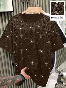 Unisex, Loose design featuring a water-crystal-embellished cross-shaped pattern T-shirt, a glam-inspired top with modern design, perfect for showcasing fashion sense, suitable for everyday wear in school or at work