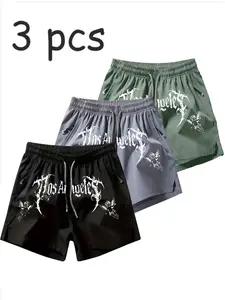 3-Pack Men's Waterproof Quick-Dry Ice Silk Workout Shorts, Gothic Angel Print, Zip Pockets, Ideal for Gym, Outdoor, Home, Beach