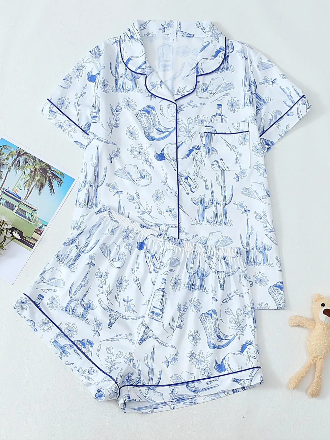 Women's All Over Print Top  & Shorts Pyjama, All Seasons Pajamas, Casual Comfy Short Sleeve  Top & Shorts Pj Set, Ladies Sleepwear for Summer, Pajama Loungewear Pjs, Pyjamas Set, Loungewear
