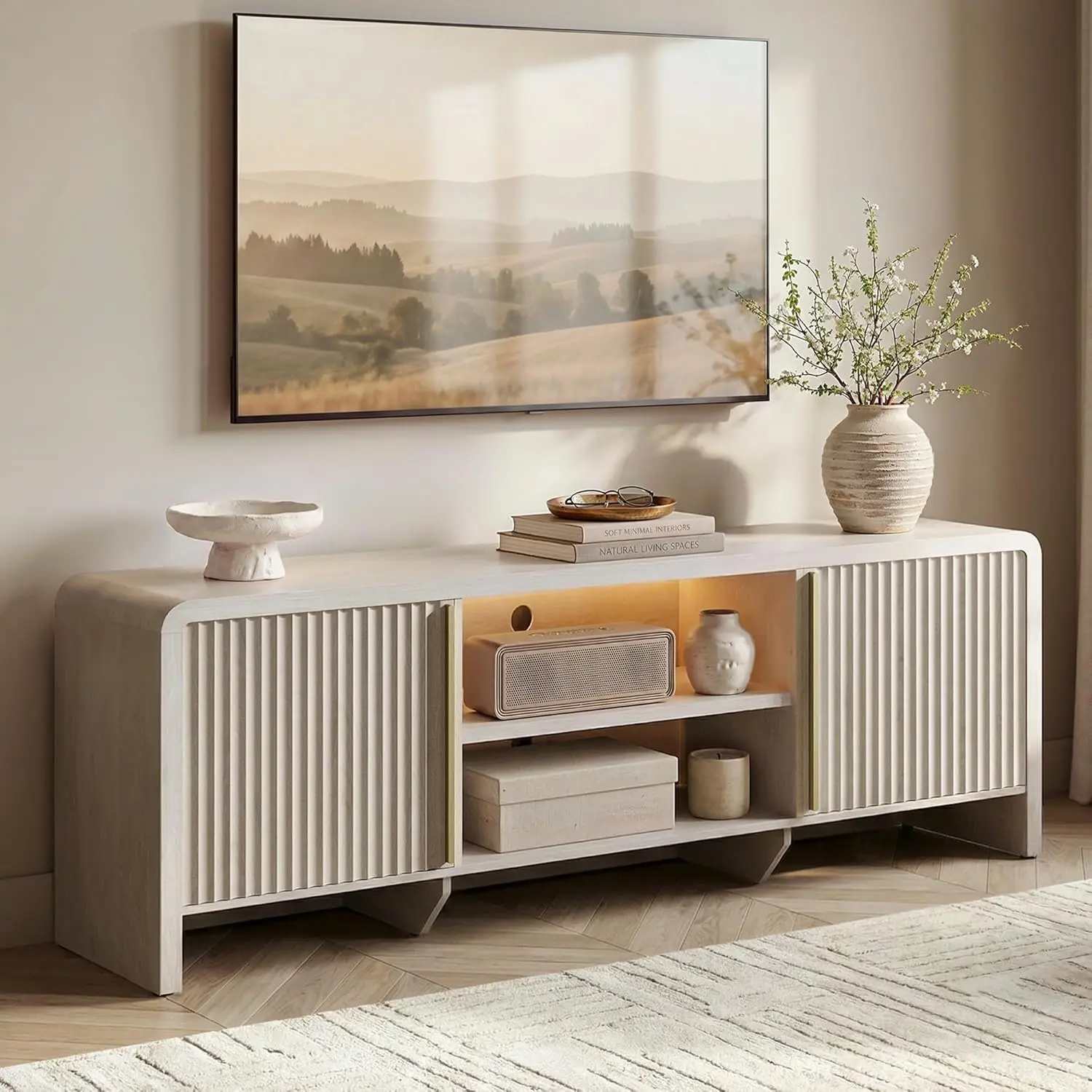 [2 Packages Shipping] ModernMate 70.1" Fluted TV Stand - Entertainment Console with LED Light for Up to 80-Inch TVs, Modern Storage Unit with Adjustable Open Shelf & 2 Cabinets for Living Room, Bedroom, White Alder, Entertainment Tv Stand,Caly