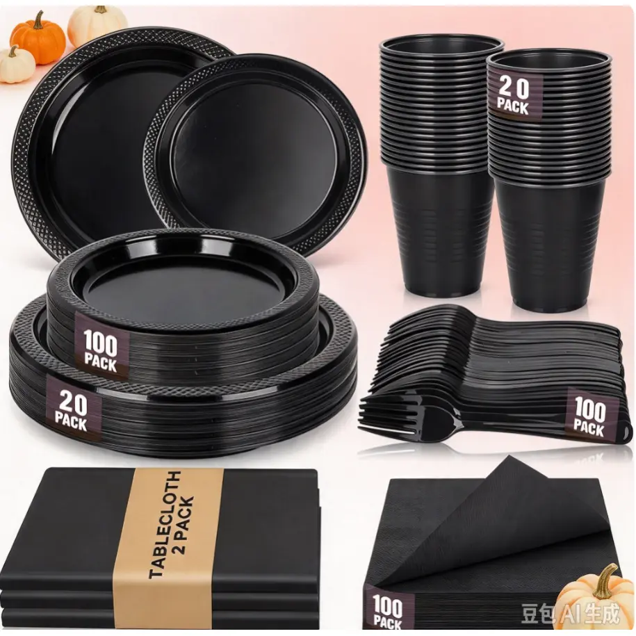 100-Piece Black Disposable Party Plates & Napkins Set – Heavy-Duty Tableware for Birthday, Halloween, Goth Party, Bachelorette & Event Supplies