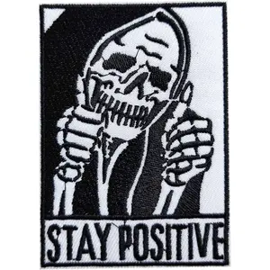 Stay Positive Thumbs-up Skull Iron On Sew On Patch, Embroidered Motivation Punk Skull Patch Emblem Badge for Clothes Hats Bags Shoes Backpacks Jeans