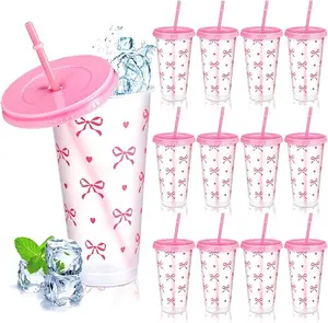 5/10pcs Pink Bow Plastic Cups with Lids and Straws, Reusable Design Party Drinkware for Women's Birthday Wedding Mother's Day Goddess Day, Casual Style