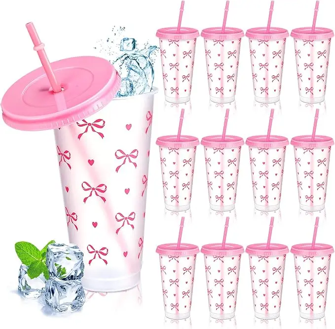 Reusable Pink Bow Plastic Party Cups with Lids and Straws - 5/10pcs Leak-Proof Kitchen On-the-Go Set Packs, Soft-Girl Aesthetic Casual Home & Party Drinkware for Women's Celebrations (Birthday)