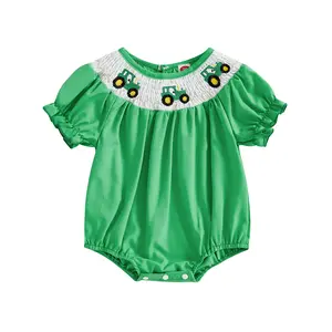 Baby Girls Rompers Tractor Embroidery Round Neck Short Sleeve Infant Bodysuits Jumpsuits