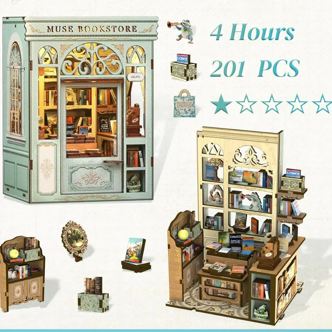 Muse Bookstore Handmade Corner Protector Kit, Wooden Puzzle 3D Model House, Miniature House, Miniature Furniture, Miniature Set, Perfect Holiday Gift