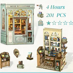 Muse Bookstore Handmade Corner Protector Kit, Wooden Puzzle 3D Model House, Miniature House, Miniature Furniture, Perfect Holiday Gift