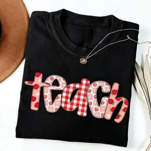 Vintage Washed Oversized Graphic Tee, Strawberry Gingham Teach T-Shirt, Retro Cute Teacher Life Short Sleeve Top for Women, Trendy Back To School Statement Shirt, Style Apparel, Perfect Gift for Teachers, Daily Outfit