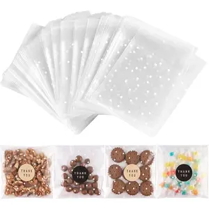 100 PACK Self Adhesive Cookie Bags Cellophane  Bags Thank You for  Giving Candy with Stickers(White Polka Dot, 5.5x5.5 INCH)