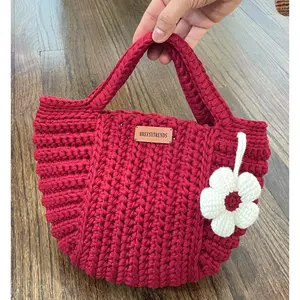Red Handmade Crochet Bag with Lining | Hand Woven Girl's Purse | Eco-Friendly T-Shirt Yarn Handbag