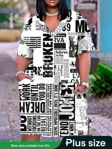 【Plus Size】 Letter Print Vneck Dress, Casual Fashion Shortsleeve Dress for Daily Outdoor Wear, Women Plus Clothing for Summer, Casual Elegant Dress