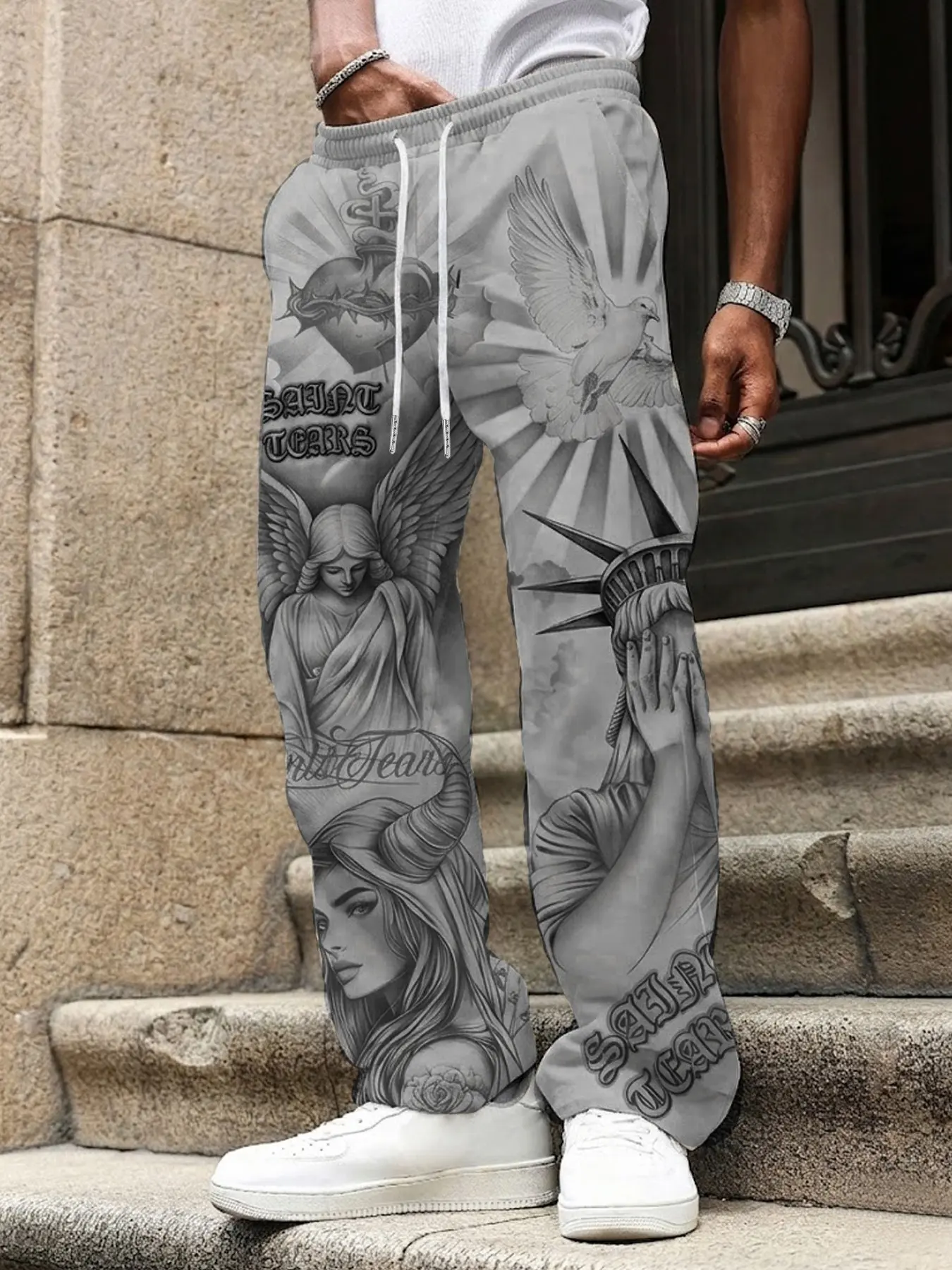 Men's Full Print Tattoo Art Straight Leg Sweatpants, Casual Loungewear Pants, Casual Comfy Warm, High-Quality Soft Fabric, Elastic Waist with Drawstring, Saint Tears Design, All Seasons