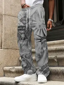 Men's Full Print Tattoo Art Straight Leg Sweatpants, High-Quality Soft Fabric, Elastic Waist with Drawstring, Saint Tears Design, All Seasons