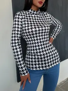 Elegant Women'S Houndstooth Print Long Sleeve Fitted Turtleneck T-Shirt, Polyester Knit Fabric, Geometric Pattern, Regular Length, with Sexy High Neck for Spring/Fall-XZFB2002
