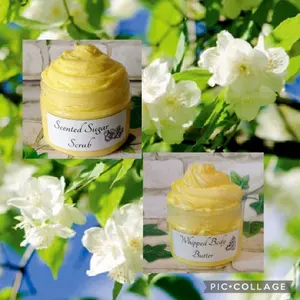 Jasmine & Vanilla WHIPPED BODY BUTTER & SUGAR SCRUB SET, Purchase as SET or SEPARATELY Luxurious Body Cream, Exfoliating Sugar Scrub. Vanilla bean and cedarwood mixed w rich sweet notes of jasmine.