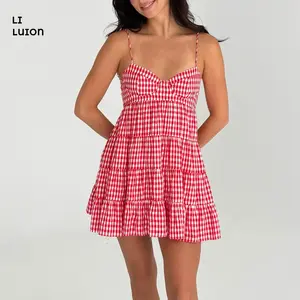 Women Summer Spaghetti Strap Cami Dress Plaid Sweetheart Neck Tiered Hem Back Lacing Short Dresses