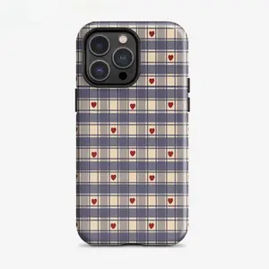Blue Plaid with Red Hearts Phone Case — Compatible with Samsung S26/S25/S24/S23/S22/S21, iPhone 17/16/15/14/13/12/11, Drop-Resistant, Non-Slip, and Fade-Resistant, Cute Preppy Style Protective Cover.