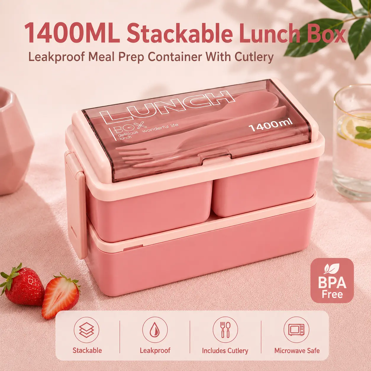 MIUVA Bento Box Adult Lunch Box, 1400ml 2-Layer Stackable lunchable food storage Container with 3 Compartments, Spoon & Fork, Microwave Dishwasher Freezer Safe Meal Prep Box tableware for Work, Middleschool,School, Picnic, Pink