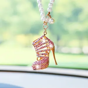 Fashion Rhinestone High Heel Car Ornament, Creative Elegant Shoe Rearview Mirror Hanging Decoration Gift, Stylish Car Accessories, Car Interior Accessory