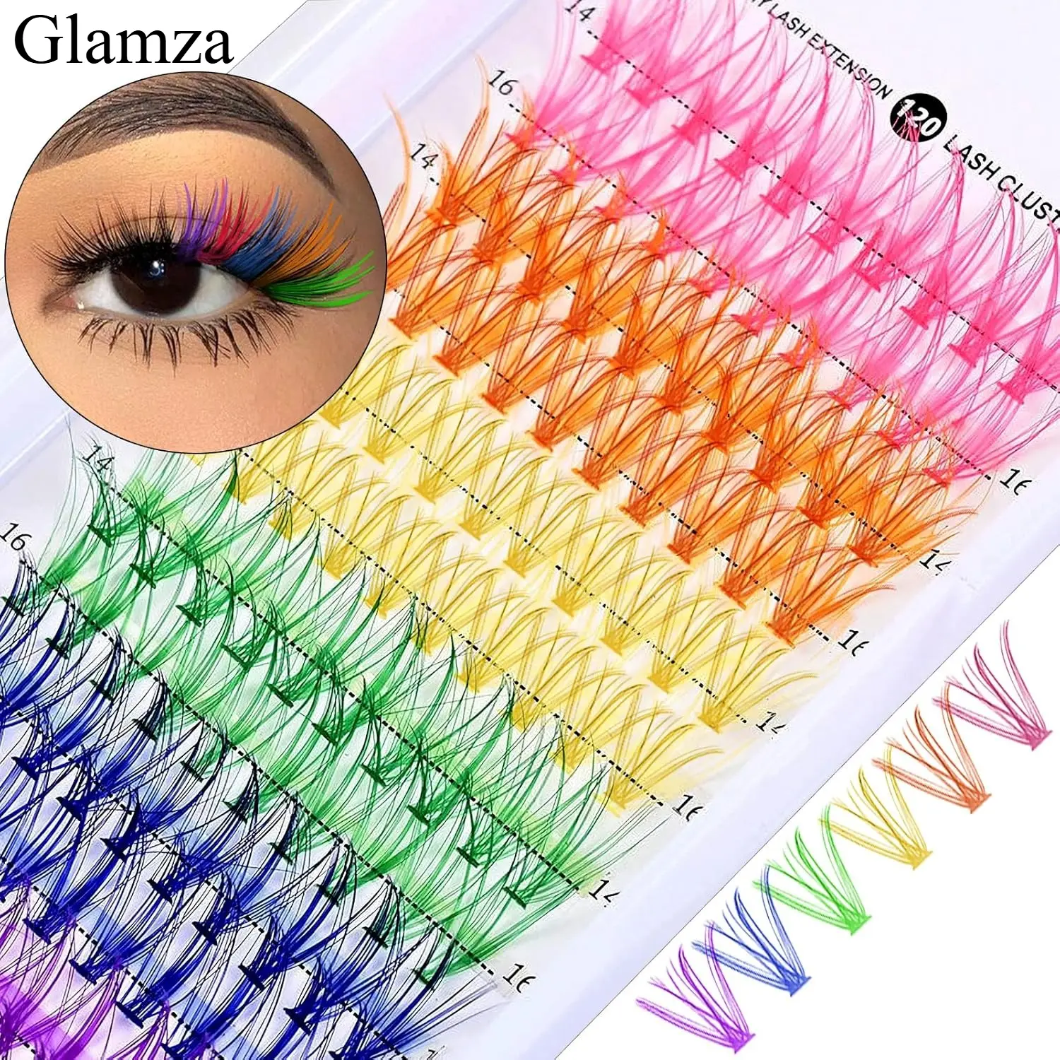 Glamza Fairy Colored Lash Extensions Clusters, False Eyelashes, Individuals Eyelash Clusters Diy Colored Eyelash Kit  Rainbow Individual Eye Lashes 14/16mm D Curl Blue, Purple(120pcs)(No Glue)