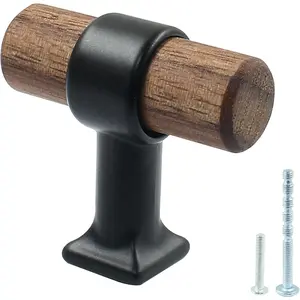 4 Pack Walnut Cabinet Pulls, Single Hole  Drawer Handle Knobs, 40mm/1.57" T Bar Knob Pull Handles with Screws, Wooden Dresser Knobs for Kitchen, Cabinet, Drawer, Cupboard