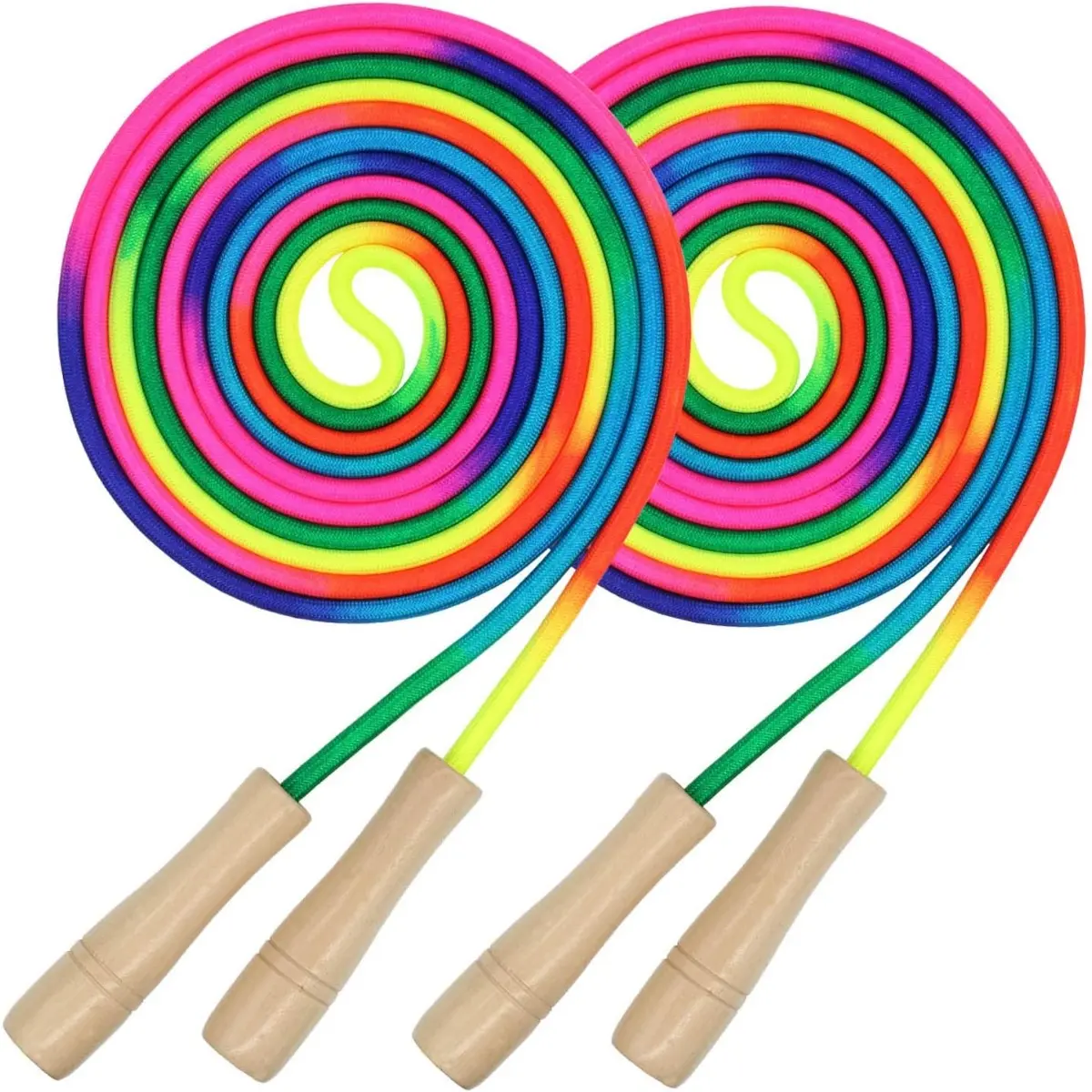 16 FT Long Jump Rope, 2 Pack Adjustable Double Dutch Skipping Rope with Wooden Handle, Multiplayer Rainbow Jumping Rope for Outdoor Fun, School Sport, Party Game
