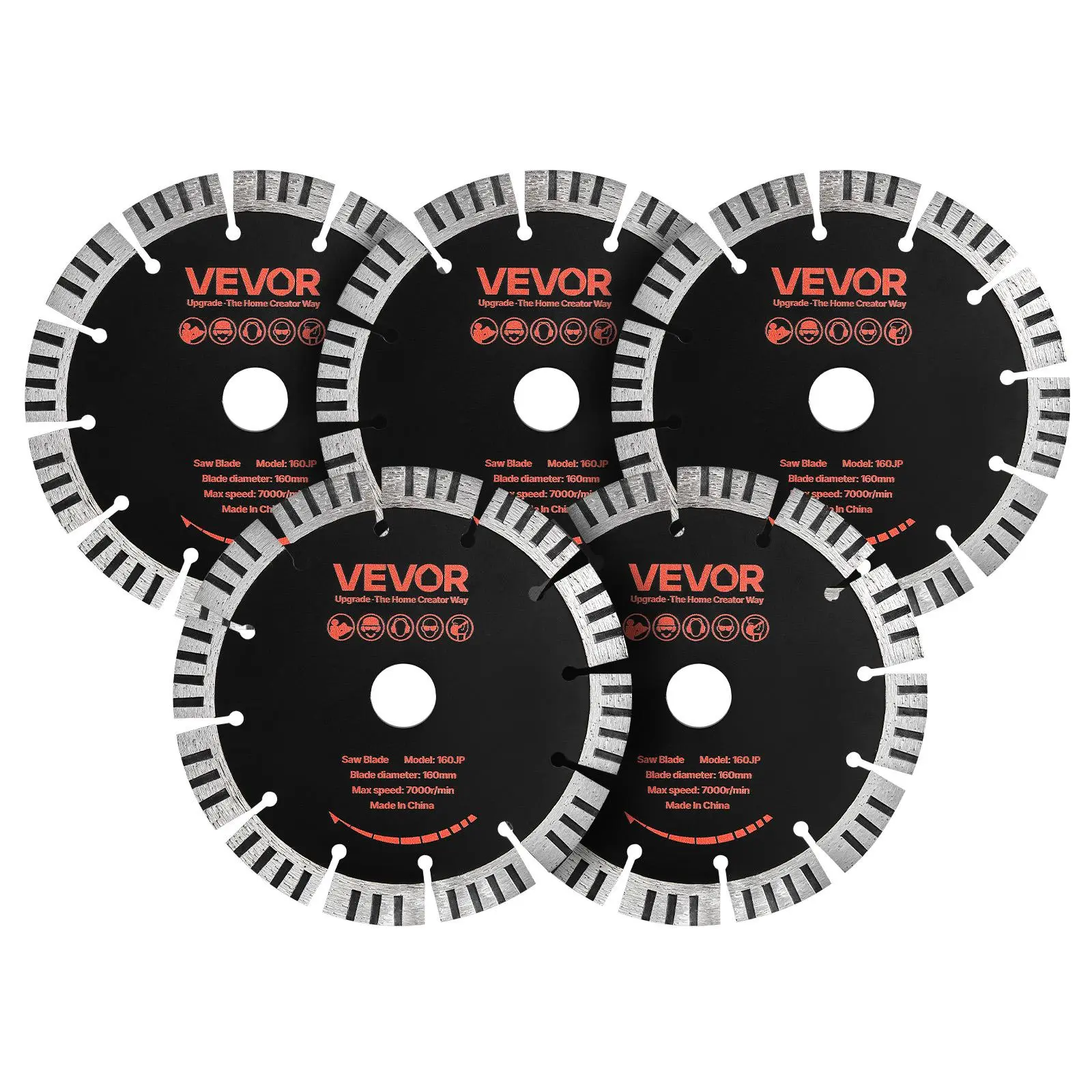 VEVOR 5-Pack 6.3 in Diamond Wall Chaser Saw Blades, 0.87 in Arbor, Stable 65Mn Steel Core, Diamond Segments, Brass Bushings, Dry-Wet Cutting for Construction Concrete, Brick, Wide Compatibility, Stable 65Mn Core