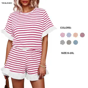 Tankaneo Womens 2 Piece Striped Shorts Set Ruffle Short Sleeve Tops Hight Waist Shorts Matching Sets Summer Vacation Outfits