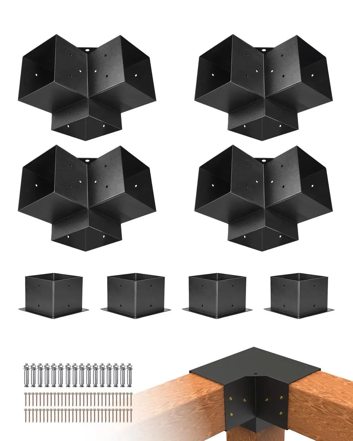 VEVOR 4 Pcs 3-Way Heavy Duty Carbon Steel Corner Bracket Kit, 5.5" Inner Size, Built-In Holes, Corrosion Res., Easy Installation with Screws for Gazebos, Woodworks DIY Post Base