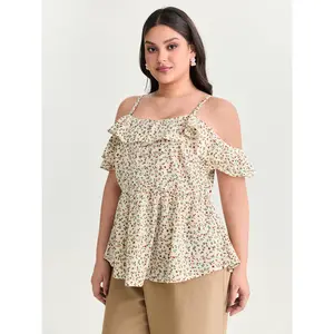 BloomChic Women's Plus Size Polyester Floral Print Ruffled Cold Shoulder Short-Sleeve Blouse - Smooth Fabric Top, M-6X Fit, 2026 Summer Mother's Day Pick Shirts