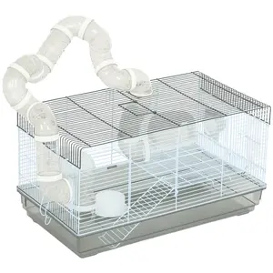 PawHut Hamster Cage, 2 Levels Gerbil Cage, Small Animal Cage for Dwarf Hamster with Tubes and Tunnels, Exercise Wheel, Food Dish, Water Bottle, Ramp, 23" x 13" x 12", Gray