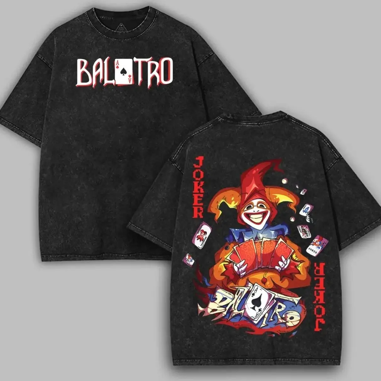 Balatro Joker Pixel art Washed 2 sided printed T-Shirt, Menswear Tops shirts men, Cotton unisex graphic tees hoodie game merch Menswear Clothes Soft trendy game day unisex  Casual Straight casual apparel 88F