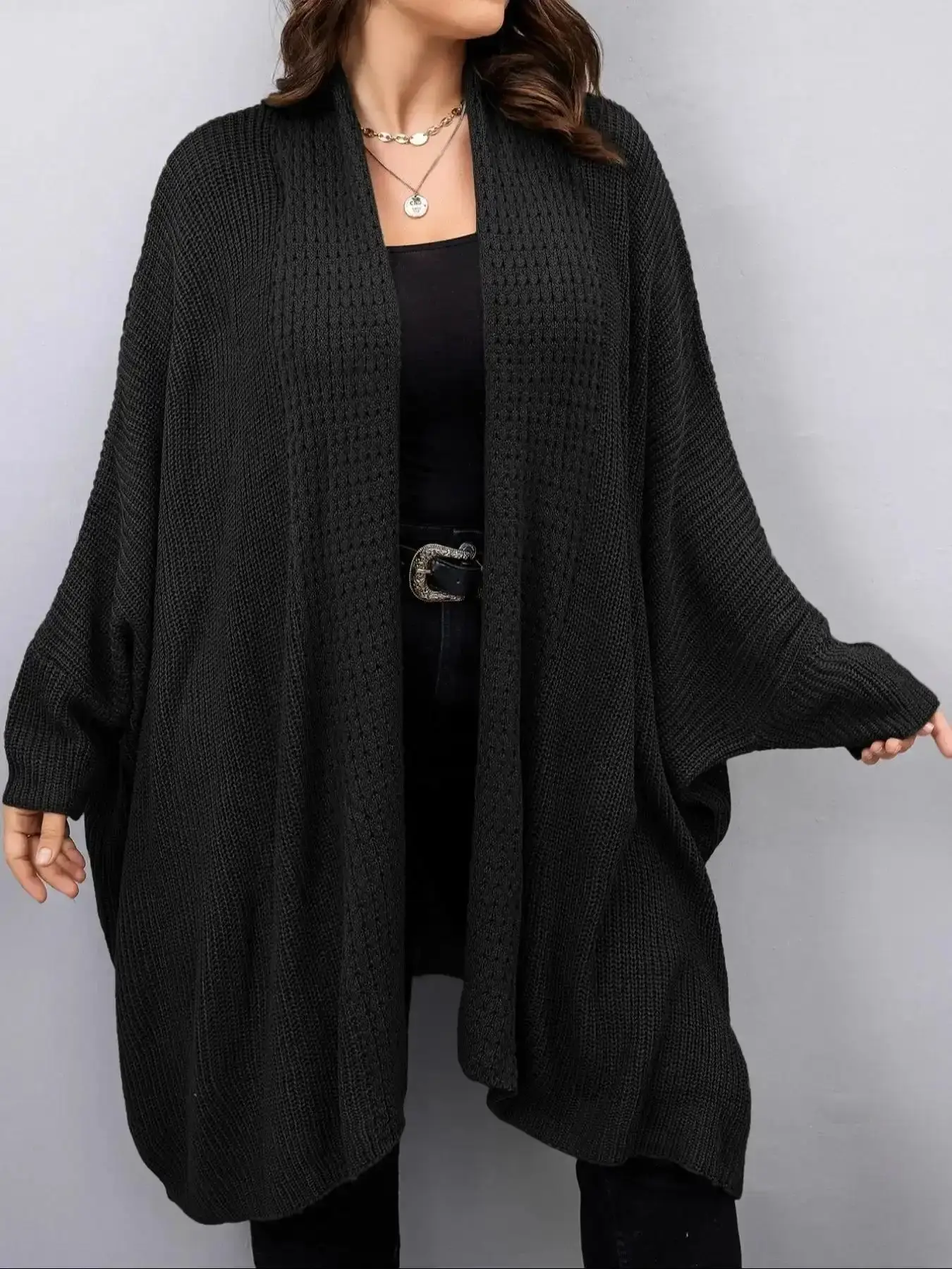[Plus Size] Solid Batwing Sleeve Open Front Cardigan, Casual Long Knit Outerwear for Fall & Winter, Women's Clothing Daily Wear, Womenswear, Knitwear on trend relaxed fit cold weather